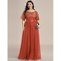 Miniatyrbillede 1 af 5: Ever-Pretty Dame Plus Size Sequin Broderi A-Linje Kortærmet Bryllupsgæstekjole (4XL brændt orange)