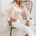 Miniatyrbilde 1 av 5: Vår Høst Sateng Bluse Imitert Silke Langermet Skjorte for Dame Plus Size Løse Topper (S champagne)
