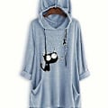 Miniatyrbillede 1 af 5: Strikket trykt langærmet pullover hættetrøje midilængde irregulær moderigtig dame sweatshirt (XXXL Blå)