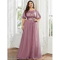 Miniatyrbillede 1 af 5: Ever-Pretty Dame Plus Size Sequin Broderi A-Linje Kortærmet Bryllupsgæstekjole (7XL orkidé)