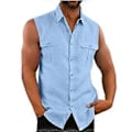 Miniatyrbillede 1 af 4: Herre Skjorte Dobbelt Lomme Bomuld Linned Ærmeløs Skjorte Komfortabel og Åndbar Herre Tank Top (XL blå)