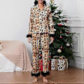 Miniatyrbilde 3 av 4: Kvinners Pysjamassett med Fjærkant, Lang Erme, Knappestopp, Todelt Lounge-sett, Satin Pjs, Pyjamas, Nattøy (S Leopard)