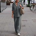 Miniatyrbild 2 av 5: 1 Set Trendiga Dam Casual Skjorta Byxor Kläder Plus Size Bomull Linne Topp Vida Ben Byxor Lös Outfit Pendling (2XL mörkblå)