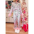 Miniatyrbild 2 av 4: Dam Pyjamas Set med Fjäderkant Långärmad Knappuppslagen Topp Byxor 2-delad Loungeset Satin Pjs Pyjamas Nattkläder (XL Rosa Blad)