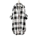 Miniatyrbillede 1 af 5: Dame Skjorte Plaid Print Kontrastfarve Uregelmæssig Kant Enkeltknappet Langærmet Revers Oversized Blød Åndbar Top (XL sort hvid)