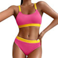 Miniatyrbild 1 av 5: Damernas Baddräkt Sommar Färgblock Ribbad Bikini Vadderad Baddräkt Strandkläder Baddräkt (M Ros Röd)