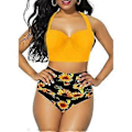 Miniatyrbilde 1 av 2: Bikinisett for kvinner med trykk, polstret bh-topp, høy midje, badedrakt for sommer, strandferie, badetøy (3XL Gul)