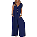 Miniatyrbild 5 av 5: Kvinnors 2024 Sommar Ärmlös Jumpsuits Djup V-hals Knapp Onesie Bred Ben Byxor Rompers M Blå