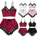 Miniatyrbild 4 av 4: Dam Underkläder Spets Siden Satin Cami Linne Toppar Shorts Pyjamas Set Sovkläder Nattkläder Pj's -NMAOV(L Vinröd)