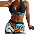 Miniatyrbild 1 av 4: Kvinnors Padded Bikini Set med Lövtryck, Halterneck-BH, Slips-Topp, Hög Midja, Boy Shorts, Baddräkt, Sommarstrandkläder (XL Svart)