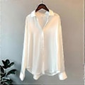 Miniatyrbilde 2 av 3: Satengskjorte Damebluse Vår Høst Topper Dameklær Knapper Langermet Ensfarget Løse Plus Size Skjorter (XL svart)