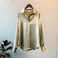 Miniatyrbilde 3 av 3: Satengskjorte Damebluse Vår Høst Topper Dameklær Knapper Langermet Ensfarget Løse Plus Size Skjorter (XL svart)