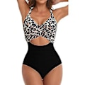 Miniatyrbillede 1 af 2: Dametøj Monokini Badetøj Farveblok Twist Udsnit Strækbar Enkeltdel Badetøj Bind Ryg Kryds Kors Rynket Badetøj (XL Sort * Leopard)