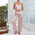 Miniatyrbild 5 av 5: Dam 2-delat Pyjamasset Supermjukt Rygglöst Linne Långbyxor Sovkläder Loungewear Set (XL Rosa)