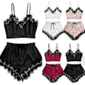 Miniatyrbild 4 av 4: Dam Underkläder Spets Silke Satin Cami Linne Toppar Shorts Pyjamas Set Sovkläder Nattkläder Pj's -NMAOV(L Svart)