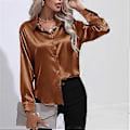 Miniatyrbild 1 av 5: Vår Höst Satin Blus Imitationssilke Långärmad Skjorta för Dam Plus Size Lösa Toppar (XL mörkbrun)