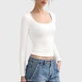 Miniatyrbillede 2 af 5: Dame Bottoming Toppe Scoop Hals Langærmet Slim Fit Pullover Toppe Ensfarvet Høj (L hvid)