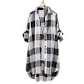 Miniatyrbillede 1 af 5: Dame Skjorte Plaid Print Kontrastfarve Uregelmæssig Kant Enkeltknappet Langærmet Revers Oversized Blød Åndbar Top (L blå, hvid)