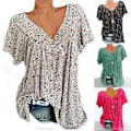 Miniatyrbild 2 av 5: Dam Plus Size Tryckt Kortärmad T-shirt V-ringad Topp Sommar Ledig Lös (L blå)