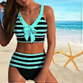 Miniatyrbillede 1 af 5: Dame Skulderstrop Badedragt med Grå Hvid Stribet Print Bikini Kort Tank Top Badedragt (4XL cyan)