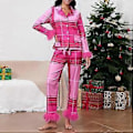Miniatyrbilde 2 av 4: Kvinners Pyjamassett med Fjærkant, Lang Erme, Knapper, Todelt Loungesett, Satin PJs, Pyjamas, Nattøy (M Rose Red Checked)