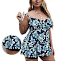 Miniatyrbild 2 av 4: Dam Plus Size Baddräkter Blommigt Tryck 2-Delad Tankini Baddräkter med Shorts för Simning Strandfester (2XL Blå och Vit Blomma)