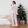 Miniatyrbilde 3 av 4: Dame Pyjamassett med Fjærkant, Lang Erme, Knapper, Todelt Loungesett, Satin PJs, Pyjamas, Nattøy (2XL Rosa Julenissen)