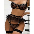 Miniatyrbild 4 av 5: Sexig spetsunderklädesset för kvinnor, 3 delar med genomskinlig mesh-minikjol, strumpeband för kvinnor, G-string strumpebandsbälte (M)