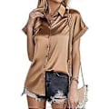 Miniatyrbilde 1 av 5: Satinbluse for kvinner, svart, grønn, hvit, med krage, knapper, korte ermer, løs bluse for damer (XL khaki)