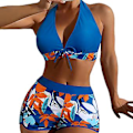 Miniatyrbild 1 av 4: Kvinnors Padded Bikini Set med Lövtryck, Halterneck-BH, Slips-Topp, Hög Midja, Pojk-Shorts, Baddräkt, Sommarstrandkläder (XL Blå)