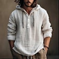 Miniatyrbild 2 av 4: Bomull Linne Skjortor Män Tunn Hooded Hoodie Vår Höst Långärmade Tröjor Enfärgad Vit Blå Casual Vardagskläder (XXXL armégrön)