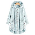 Miniatyrbillede 1 af 2: Damejakke Mode Knap Fluffy Uld Hættejakke Løs Vinter Varme Plus Størrelse (4XL Lyseblå)
