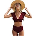 Miniatyrbillede 2 af 5: QQDD Dame Flæse Høj Talje Badedragt Todelt Push Up Tropisk Print Bikini (M Ensfarvet Rød)