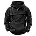 Miniatyrbillede 1 af 5: Mænd Efterår Vinter Hoodie Snøretræk Solid Farve Løse Lommer Langærmet Stor Patch Lomme Halv Lynlås Elastisk Manchet Mænd Trøje (3XL Sort)
