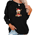 Miniatyrbillede 1 af 4: Juletunika Kvinder Langærmet T-shirt Julemand Sød Elg Print Top Bluser M Sort