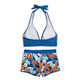 Miniatyrbild 3 av 4: Kvinnors Padded Bikini Set med Lövtryck, Halterneck-BH, Slips-Topp, Hög Midja, Pojk-Shorts, Baddräkt, Sommarstrandkläder (XL Blå)