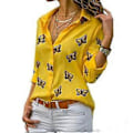 Miniatyrbillede 5 af 5: Dame Butterfly Print Skjorte Turn Down Krave Knap Chiffon Bluser Plus Size Langærmede Toppe (S lilla)