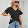 Miniatyrbillede 4 af 5: Dame Skjorter V-hals Kort/Langærmet Bomulds Toppe T-shirt Basic Tees Maskinvask (sort)