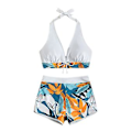 Miniatyrbild 2 av 4: Kvinnors Padded Bikini Set med Lövtryck, Halterneck-BH, Slips-Topp, Hög Midja, Pojk-Shorts, Baddräkt, Sommarstrandkläder (2XL Vit)
