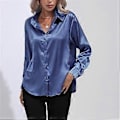 Miniatyrbilde 1 av 5: Vår Høst Sateng Bluse Imitert Silke Langermet Skjorte for Dame Plus Size Løse Topper (L blå)