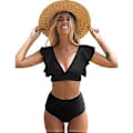Miniatyrbillede 2 af 5: QQDD Dame Flæse Høj Talje Badedragt Todelt Push Up Tropisk Print Bikini (S Sort)