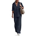 Miniatyrbild 1 av 5: 1 Set Trendiga Dam Casual Skjorta Byxor Kläder Plus Size Bomull Linne Topp Vida Ben Byxor Lös Outfit Pendling (4XL mörkblå)