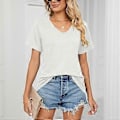 Miniatyrbilde 4 av 5: Dame Skjorter V-hals Kort/Lang Erme Bomulls Topper T-skjorte Basic Tees Maskinvask (hvit)