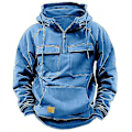 Miniatyrbillede 4 af 5: Mænd Efterår Vinter Hoodie Snøretræk Solid Farve Løse Lommer Langærmet Stor Patch Lomme Halv Lynlås Elastisk Manchet Mænd Trøje (3XL Sort)