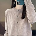 Miniatyrbillede 4 af 5: Forår og efterår dame cardigan ensfarvet rund hals enkeltknappet strikket bund dame sweater jakke (2XL rustrød)