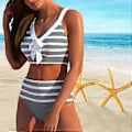 Miniatyrbilde 2 av 5: Dame Skulderstropp Badedrakt med Grå Hvit Stripete Print Bikini Kort Tank Top Badedrakt (4XL rød)