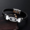 Miniatyrbillede 5 af 5: 12 Konstellation Rustfrit Stål Manschet Armbånd Mænd Kvinder Zodiac Tegn Sort Læder Wrap Armbånd Smykker Pulseras Hombre (Fiskene)