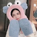 Miniatyrbilde 4 av 5: Vintervarm 3-i-1 Fuzzy Plush Hetteskjerf, Hatt og Hansker Sett Tegneserie Store Øyne Ører Kontrastfarge Vindtett Øreklaffhette Lommevotter (Beige)