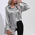 Miniatyrbilde 1 av 5: Vår Høst Sateng Bluse Imitert Silke Langermet Skjorte for Dame Plus Size Løse Topper (M sølvgrå)