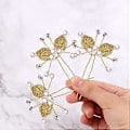 Miniatyrbild 3 av 5: Set med 3 Pärlhårklämmor, Brudhårsprydnader Lövpärla Strassbrosch Balhåraccessoarer för Bröllopsbrudar (Guld)